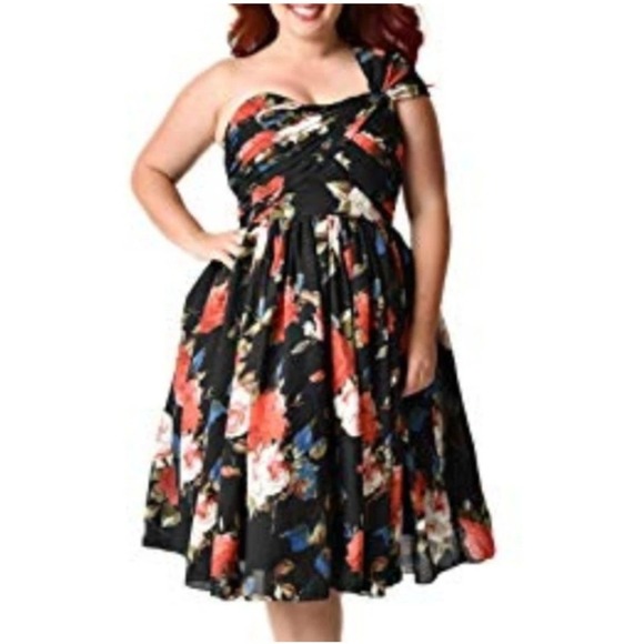 Unique Vintage Dresses & Skirts - Unique Vintage Black Floral One Shoulder Dress M Retro Rockabilly Party Full